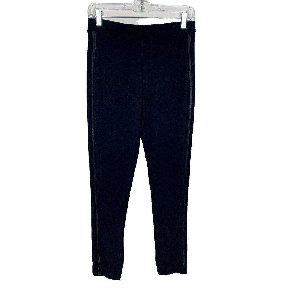 Spanx‎ Womens Leggings M Black Faux Leather Side Stripe Ponte Track Jogger Pants
